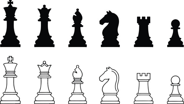 Chess Piece Silhouette and Outline Collection Featuring King Queen Bishop Knight Rook and Pawn