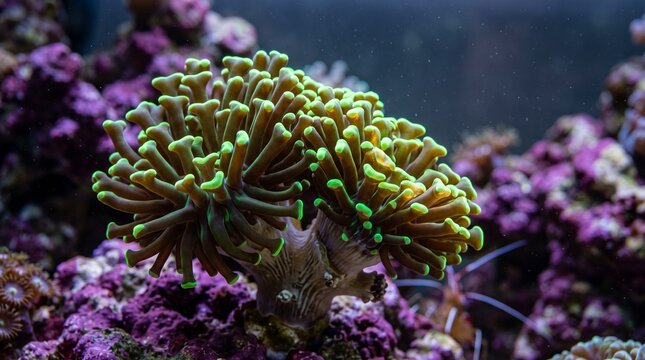 Saltwater tank hammer coral, Torch coral with green tips growing in a saltwater aquarium reef  