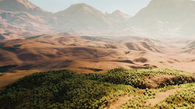 A stunning desert landscape unfolds under bright sunlight. Majestic mountains rise in the distance, while patches of lush green trees contrast with the sandy terrain. Serenity and beauty abound.