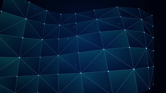 Abstract waving digital network grid floating in dark space with glowing node points.