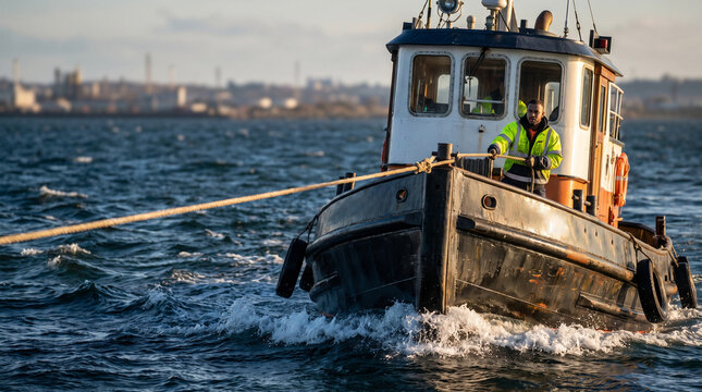 Tugboat towing line, Tugboat with male worker in safety jacket pulling rope on open water