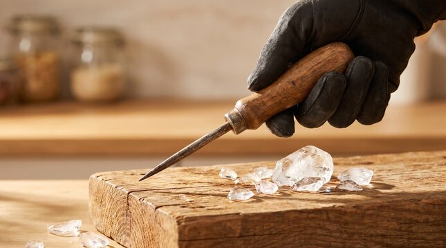 Vintage ice pick tool, Hand chiseling ice on wooden board in kitchen interior  