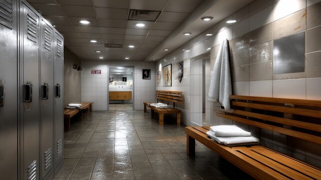 A long, dimly lit locker room with benches and towels. Lockers line one side
