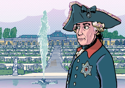 Friedrich der Gro&szlig;e vor Schloss Sanssouci, Farbillustration