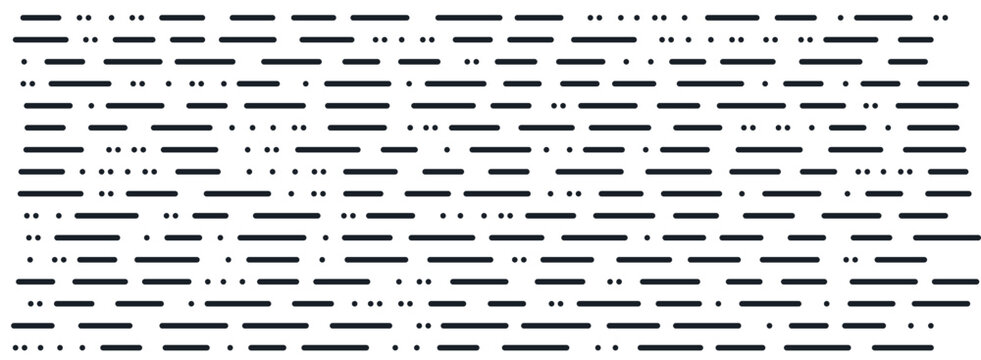 Minimalist pattern of horizontal black dashes and dots on a white background, resembling morse code or digital data transmission lines