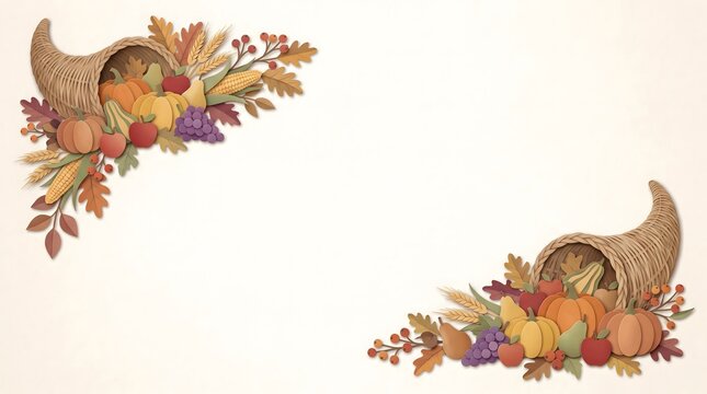 Elegant thanksgiving border design featuring traditional cornucopia illustrations with autumn harvest fruits and colorful fall foliage elements