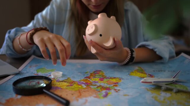 Teenage girl independently plan future while researching destinations on world map,saving money in piggy bank and imagining travel adventures, symbolize independence, responsibility and personal goals