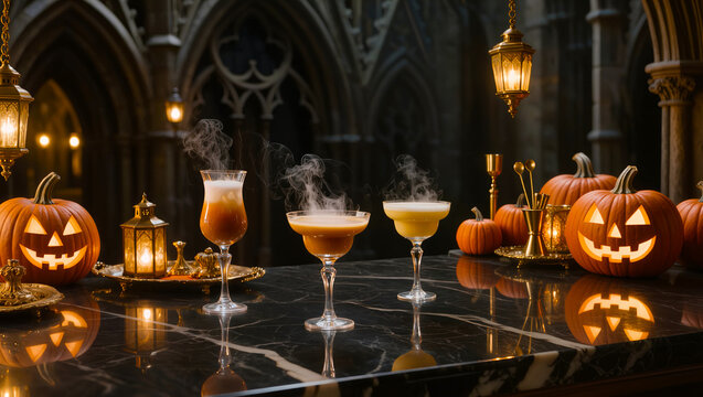 Halloween Cocktails on Bar Counter in Gothic Setting