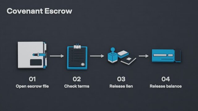 Covenant escrow proceeds through verification of conditions, receipt of the lien release, and disbursement of the holdback at closing. Flat 3D style.