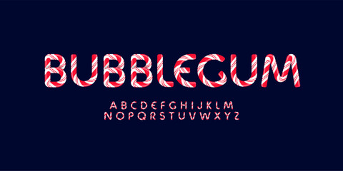 Obraz premium Candy bubblegum letters set with bright red white stripes. Sweet lollipop font. Festival style vector latin alphabet. Fonts for event, promo, logo, banner, monogram and poster. Typeset design