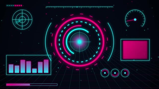Futuristic HUD interface displaying glowing data charts and tech elements on grid.