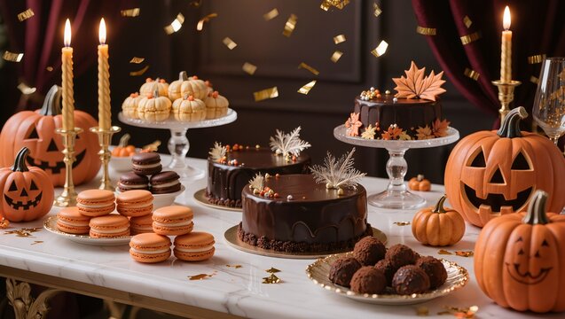 Halloween Party Table Setting with Pumpkins and Cakes