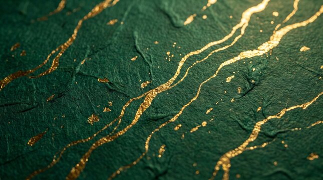 Luxury Emerald Green Paper Texture Background with Metallic Gold Foil Veins and Glitter