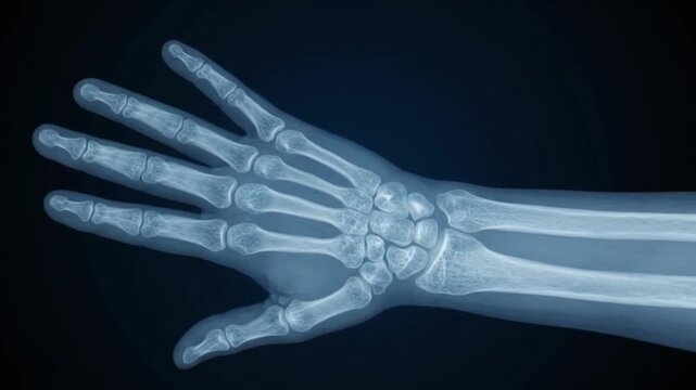 Close up X ray of a human hand and wrist showing bones and joints against a dark blue background
