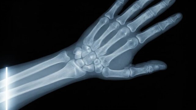 Close up X ray of a human hand and wrist showing bones and joints on a black background