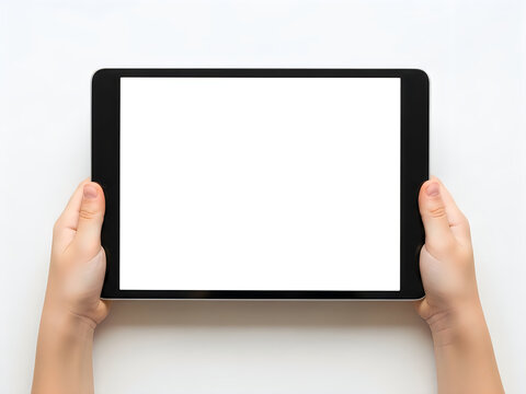 Person holding a digital tablet with blank screen isolated on white background