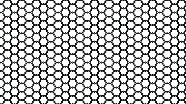 Seamless geometric pattern featuring interlocking black hexagons and lines on a clean white background, repeating honeycomb structure