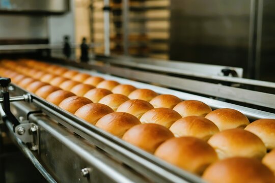 Freshly baked golden brown bread rolls moving along an industrial conveyor belt in a bakery