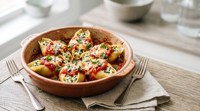 Tofu ricotta stuffed shells, Baked stuffed pasta shells with tomato sauce and cheese in ceramic dish  