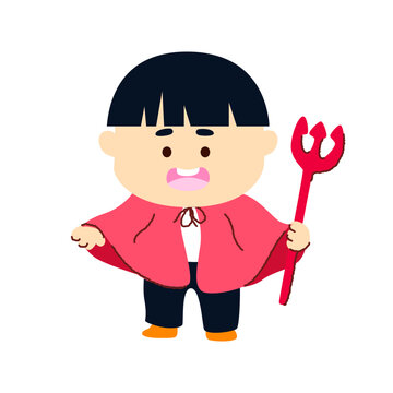 Cute little boy in devil costume holding red trident fork for halloween party vector illustration isolated on white background.