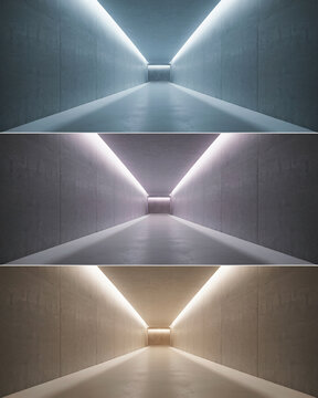 Three vertical panels showing empty concrete hallways with different colored led strip lighting