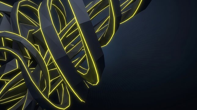 A dynamic and harmonious modern abstract geometric 3D background, smooth rotating gradation of geometric helical structures, dark matte graphite and glowing neon yellow edges
