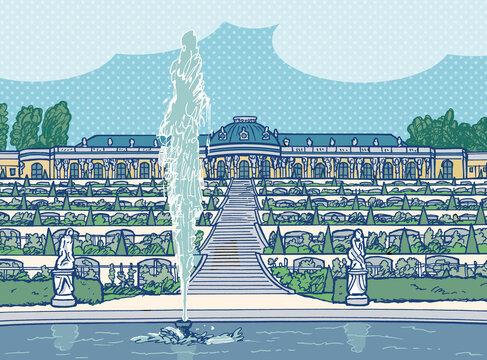 Schloss Sanssouci mit Weinbergterrassen und Springbrunnen, Farbillustration