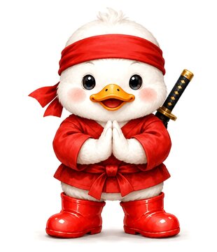 Cute ninja duck character in red martial arts suit with katana sword on back