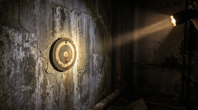 Dark forensic investigation scene with flashlight illuminating a weathered target on a cracked concrete wall