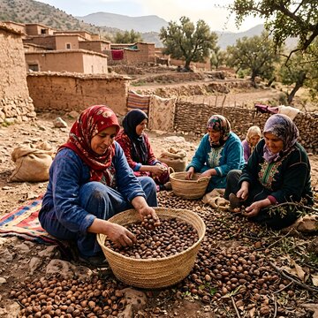 Moroccan Women Sorting Argan Nuts in Traditional Village Cooperative for Natural Cosmetic Production