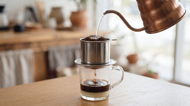 Vietnamese coffee drip brewing with copper kettle and glass mug