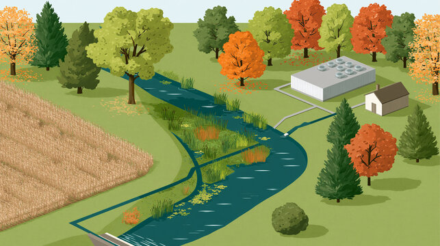 Agricultural drainage channel leading toward an industrial facility