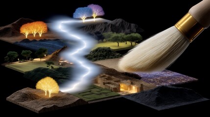 Obraz premium A paint brush creating a vibrant, diverse landscape