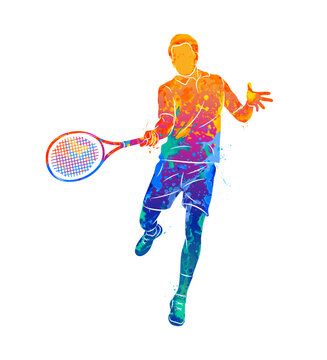 Abstract of a tennis player in the process of hitting a racket from splash of watercolors. Vector illustration of paints