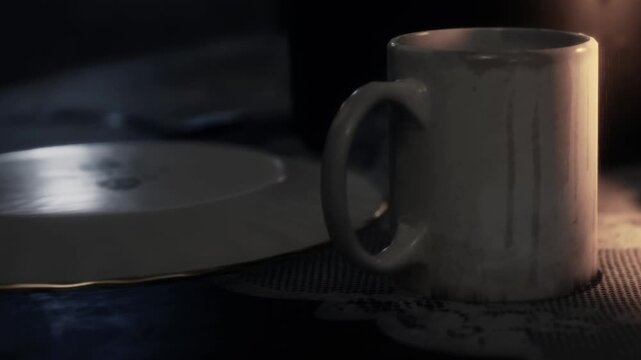 A modest mug sits on a delicate lace tablecloth, softly illuminated by morning light. The kitchen atmosphere feels warm and inviting as shadows dance around the room.