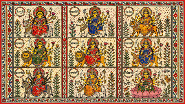 Madhubani Nava Durga nine forms Navratri panel with nine deity forms in grid layout vermillion indigo saffron lotus vine border on cream Mithila Bihar festival art
