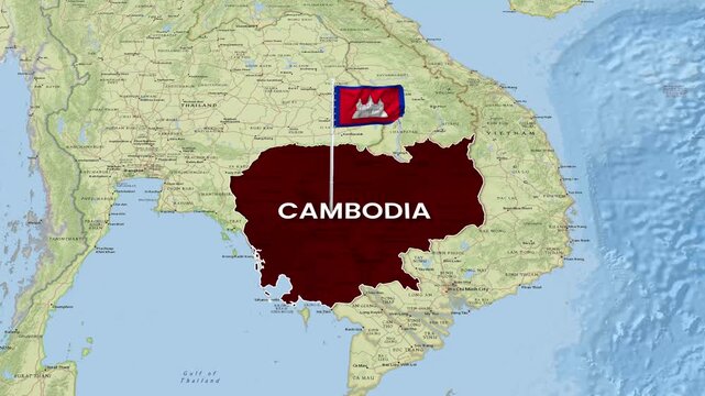 Cambodia country map animation featuring a waving national flag video footage