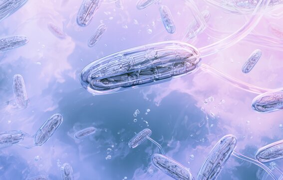 Microscopic view of bacteria in aquatic environment with bubbles and soft colors