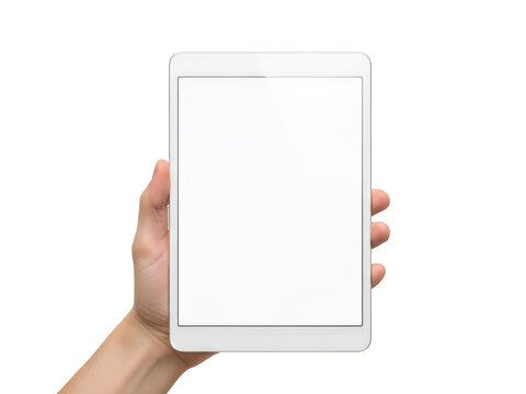 Person holding a white tablet computer with blank screen isolated on white background