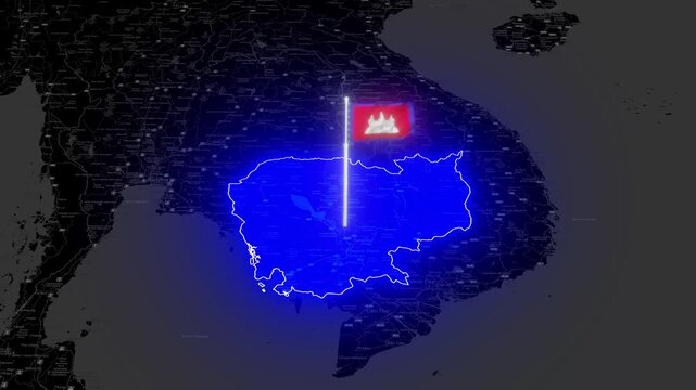 Cambodia map with glowing blue border and waving national flag animation