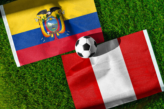 Ecuador vs Peru soccer and football match background concept displaying national flags on green turf for South American championship