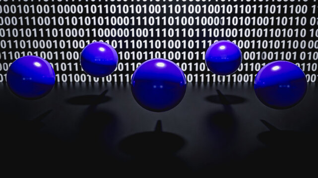 Purple Spheres Floating Above Binary Code Digital Background