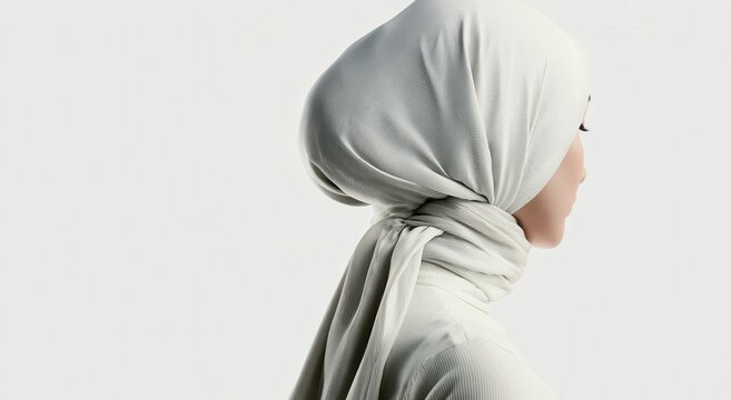 Woman wearing a light-colored hijab stands in profile against a plain background during daytime
