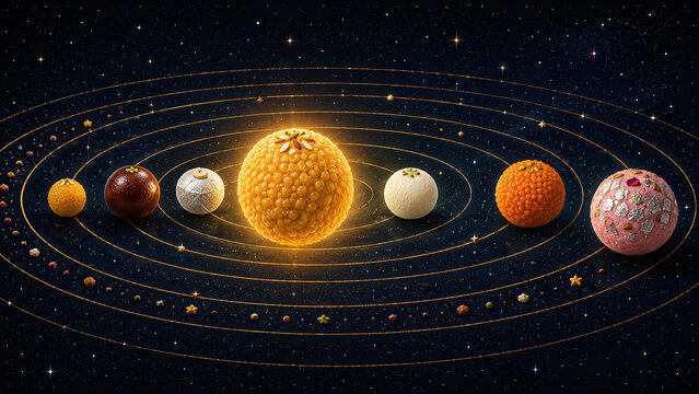 Surreal solar system with Indian sweets as planets laddoo gulab jamun kaju katli rasgulla barfi orbiting golden laddoo sun on deep midnight blue star field space