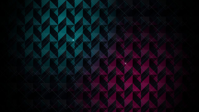 Abstract geometric pattern with a dark background and a mix of teal and magenta hues. The pattern features interlocking chevron shapes with a subtle texture and a hint of light refraction
