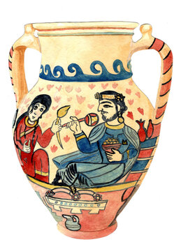 Sasanian painted funerary amphora with banquet scene, Merv Turkmenistan (5th&ndash;6th century AD). Zoroastrian noble life cycle, Sogdian artistic influence, polychrome ceramic vase. Artwork.