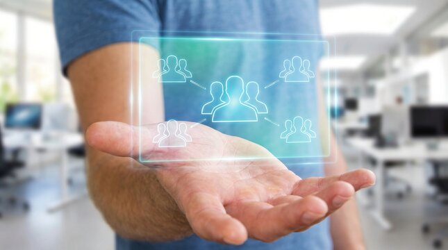 Open male hand holding glowing digital screen share hologram with multi user icons floating above the palm on soft office background for remote collaboration and virtual meeting technology concept
