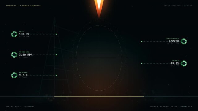 Futuristic digital interface showing a rocket launch countdown sequence with telemetry data and liftoff confirmation.