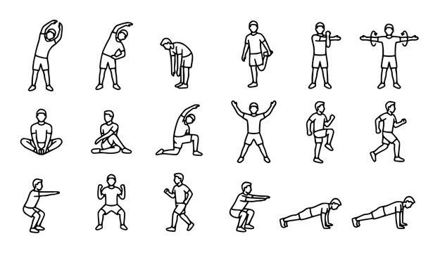 Collection of fitness and stretching exercise poses showing people performing varied bodyweight movements and workout exercises