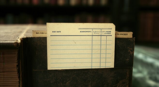 Library card in a book pocket shows due date and borrower information in a library setting
